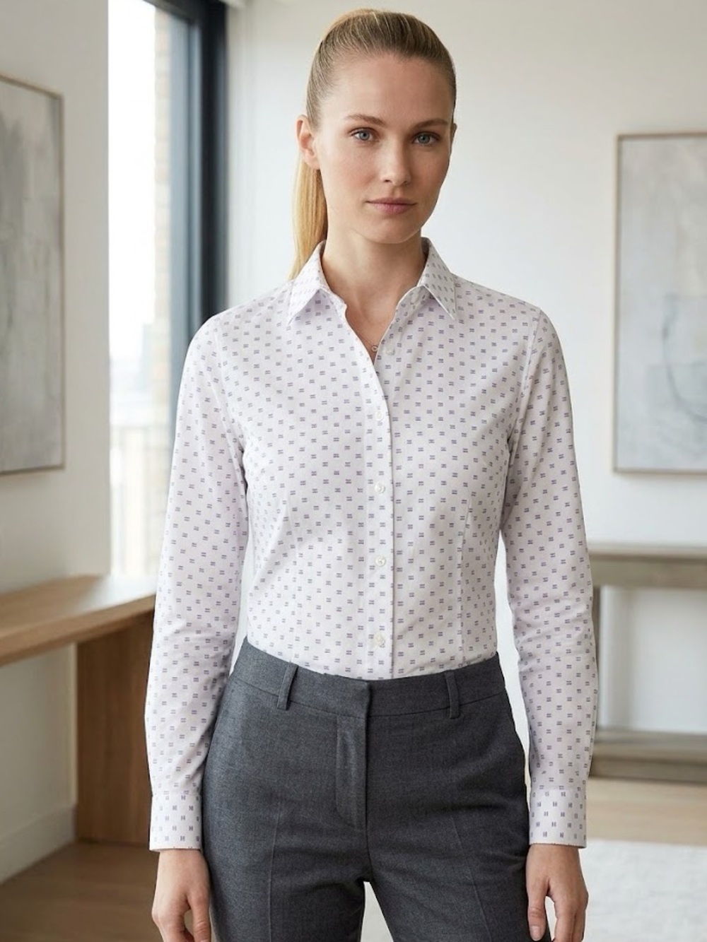Calvin Klein White Dress Shirt with Blue Micro-Print